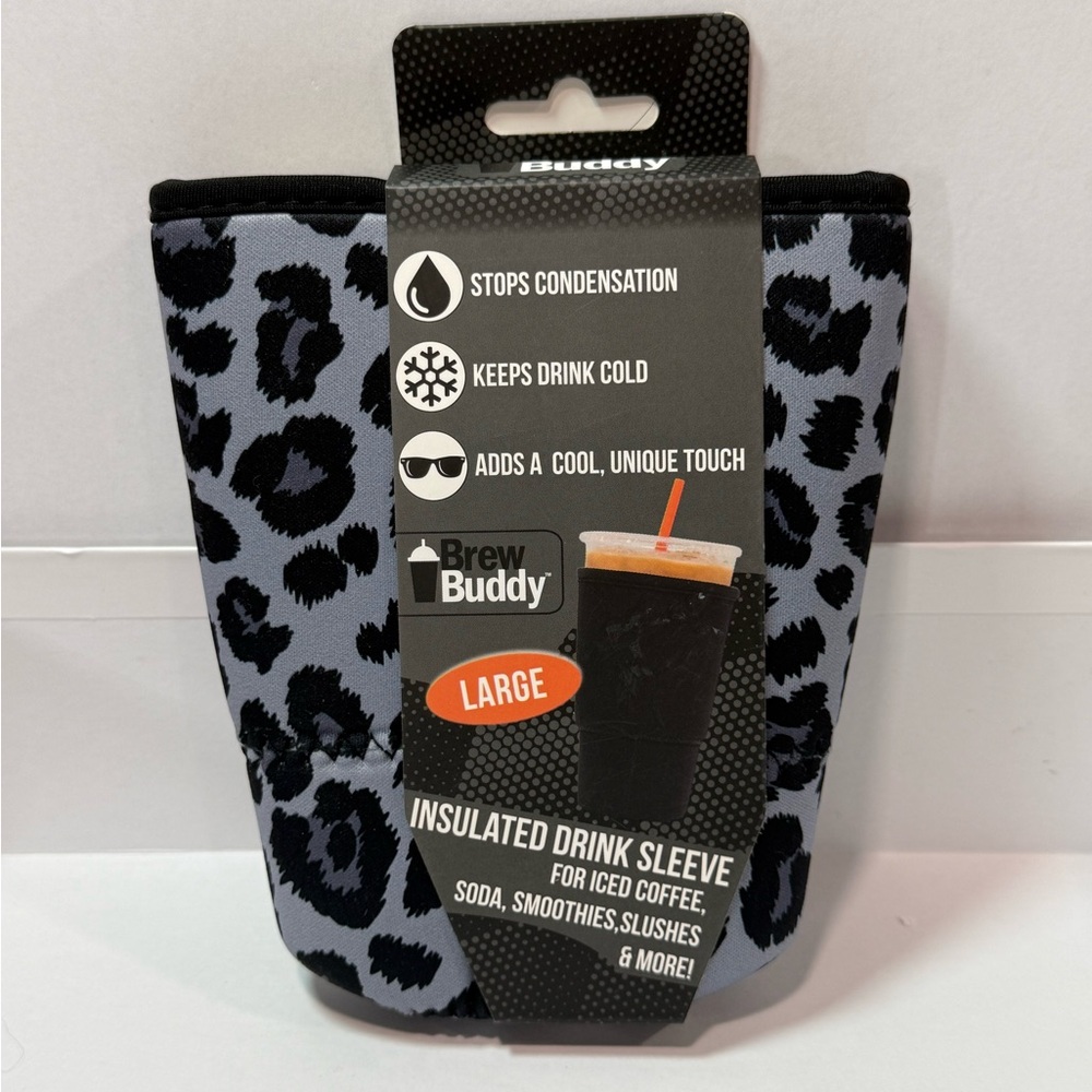 Brew Buddy Large Insulated Drink Sleeve Black & Gray Leopard  Print NWT